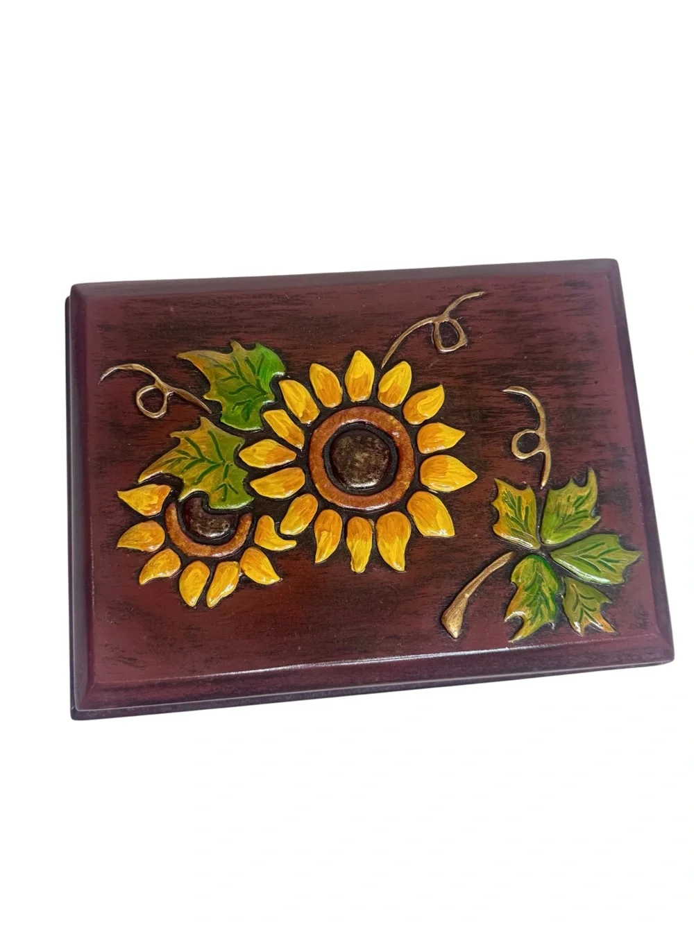 Wooden Sunflower Tea Box Jewelry Keepsake Hand Painted Folk Art Boho Country 10”
